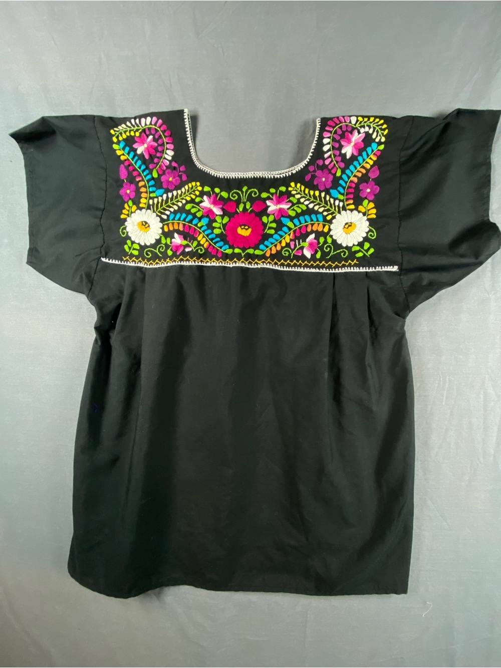 Black Mexican Embroidered Floral Peasant Top